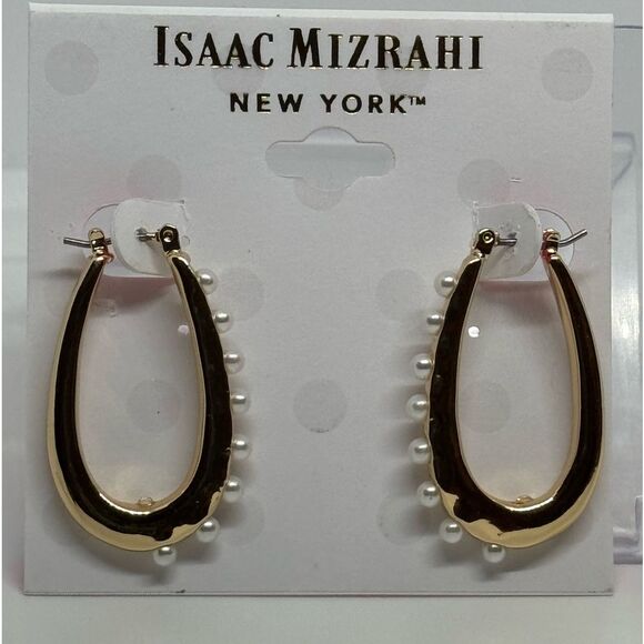 ISAAC MIZRAHI Gold Tone Pearl Oval Hoop - Picture 6 of 7